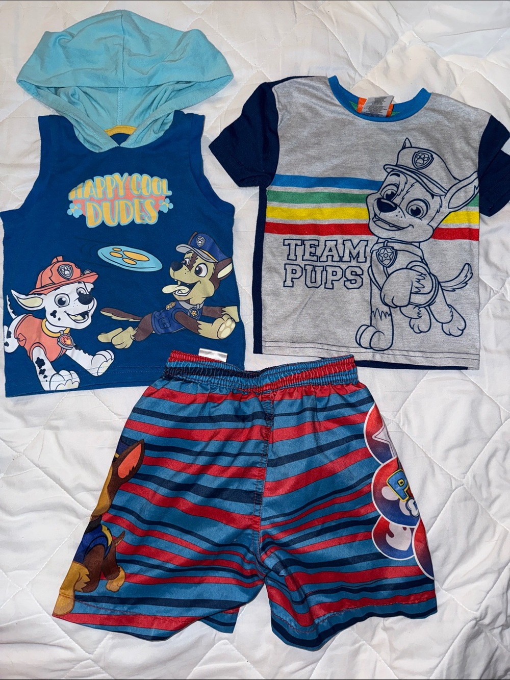 2-3T Paw Patrol Boys 3-Piece sleeveless hoodie, Blue, Red, Gray Tee, swim shorts